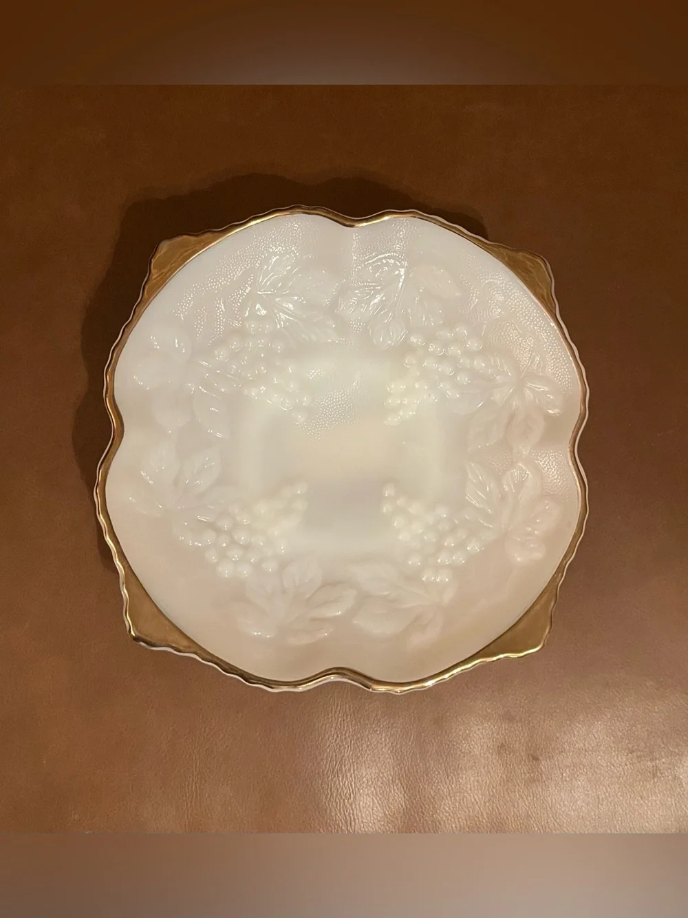 Footed Milk Glass Serving Bowl with Embossed Grape & Leaf Pattern & Gold Trim